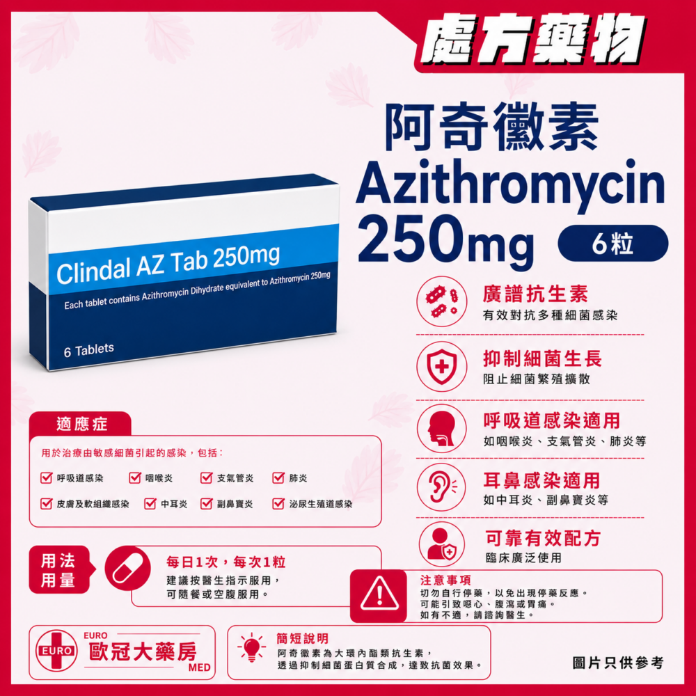 APT Clindal AZ Azithromycin 250mg Tablet 阿奇黴素 6粒裝 (HK-55627)
