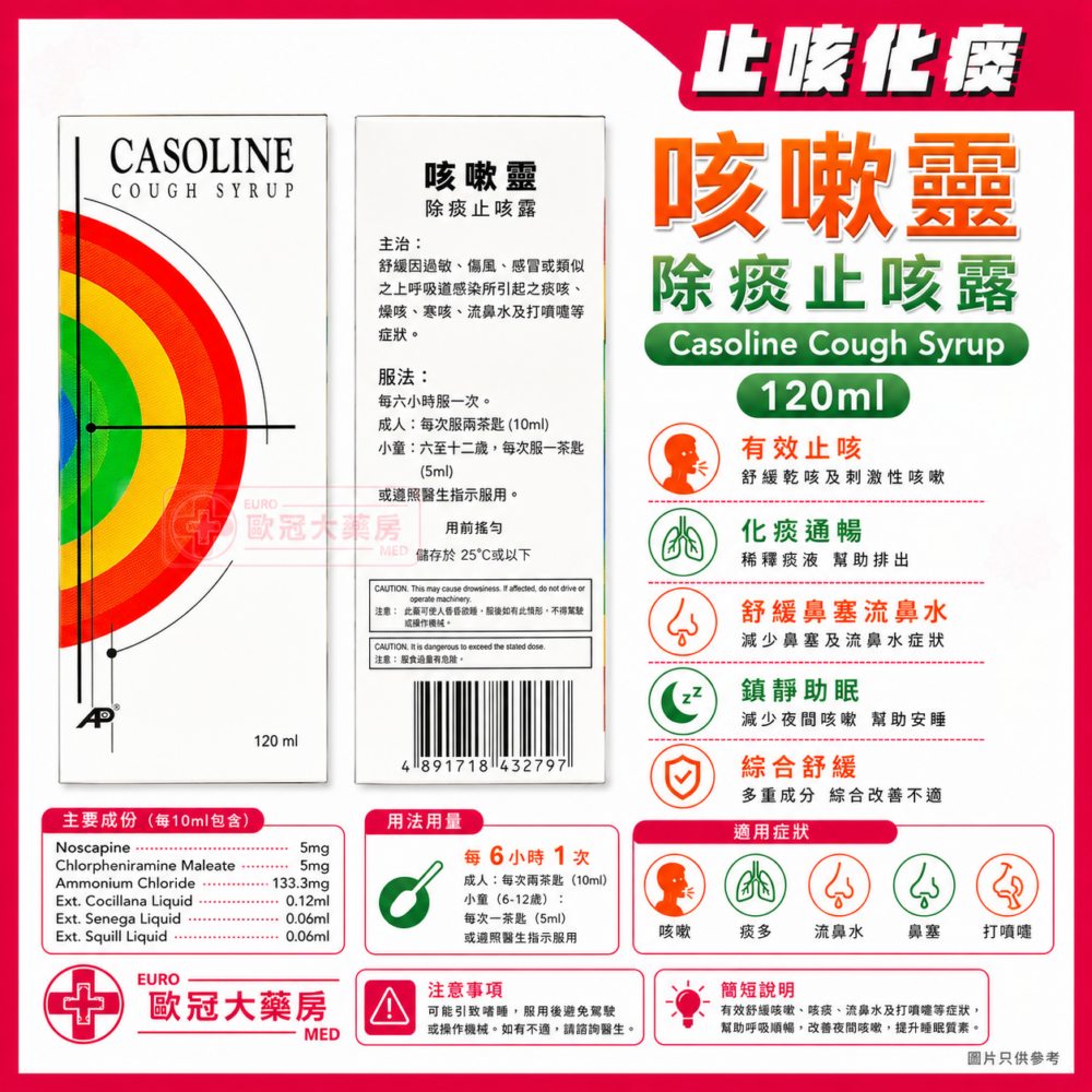 咳嗽靈 除痰止咳露 Casoline Cough Syrup 120ml (HK-43279) 咳嗽靈 除痰止咳露 Casoline Cough Syrup 120ml (HK-43279)