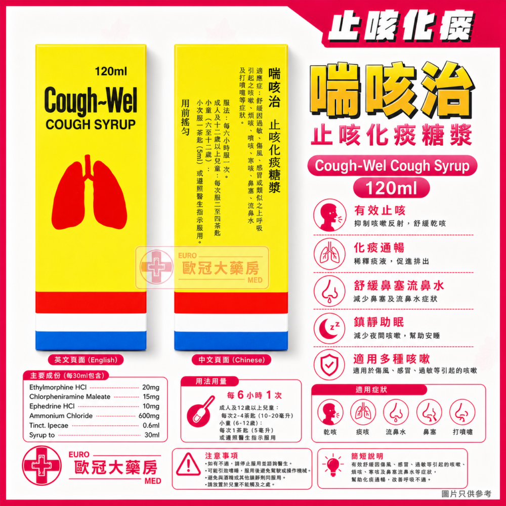 喘咳治 止咳化痰糖漿 Cough-Wel Cough Syrup 120ml (HK-27381) 喘咳治 止咳化痰糖漿 Cough-Wel Cough Syrup 120ml (HK-27381)