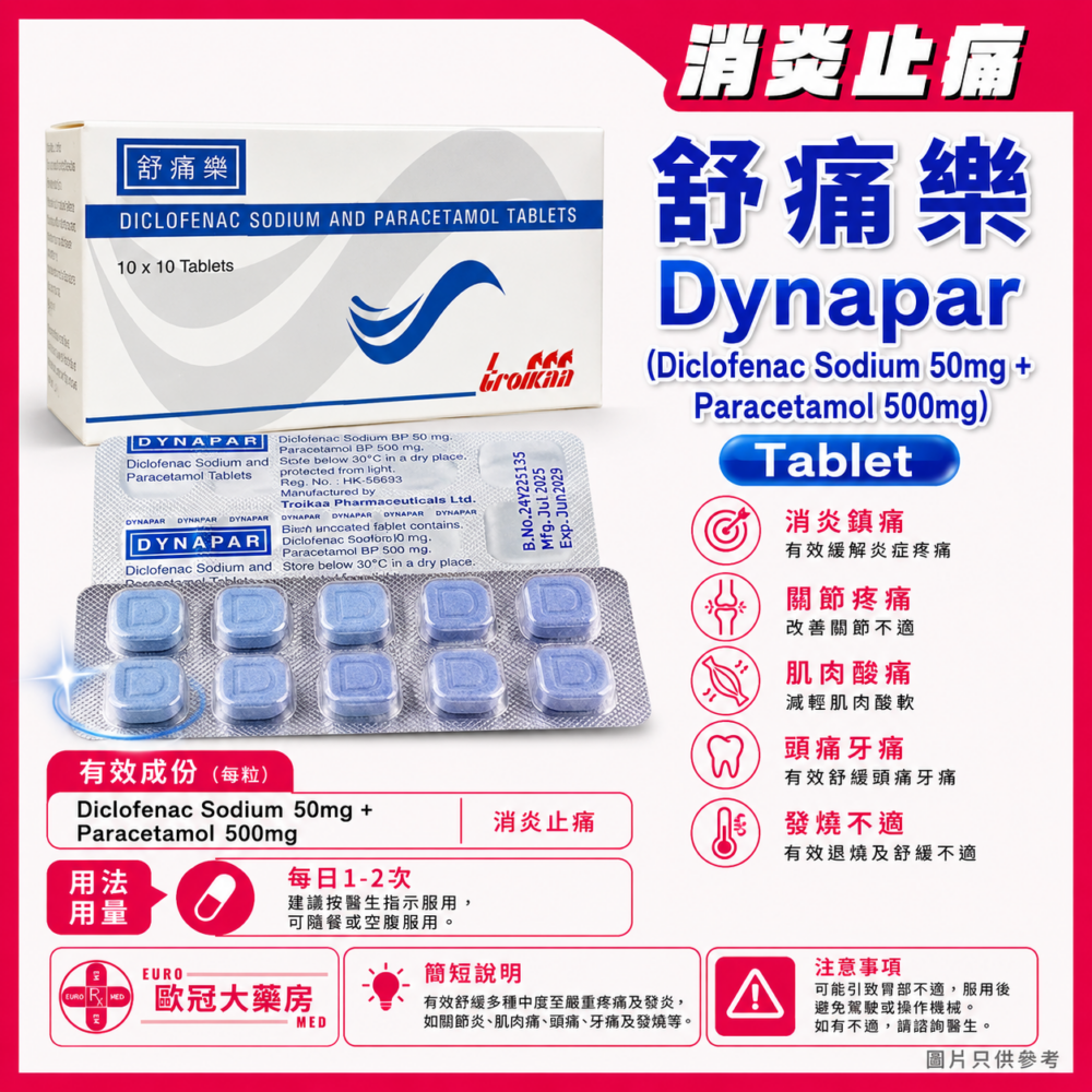 舒痛樂 Dynapar (Diclofenac Sodium 50mg + Paracetamol 500mg) Tablet (HK-59693) 舒痛樂 Dynapar (Diclofenac Sodium 50mg + Paracetamol 500mg) Tablet (HK-59693)