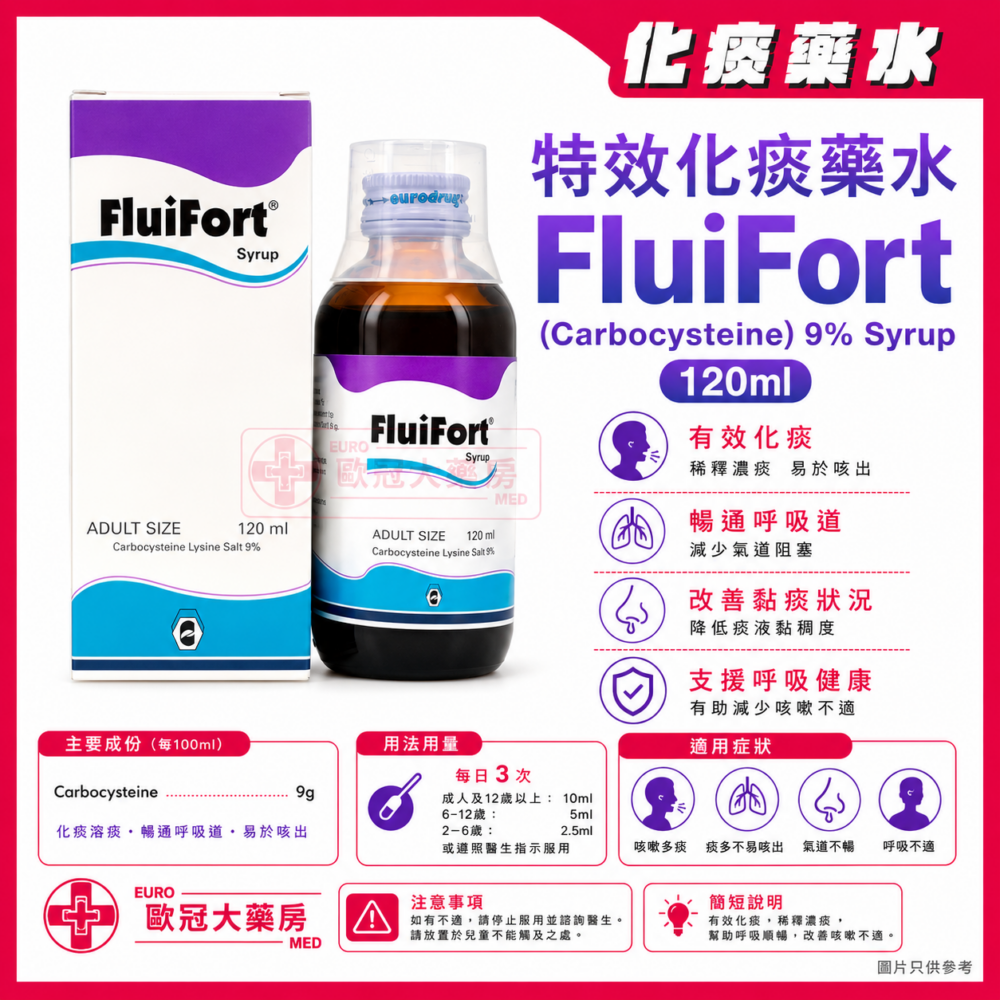 特效化痰藥水 FluiFort (Carbocysteine) 9% Syrup 120ml (HK-50911) 特效化痰藥水 FluiFort (Carbocysteine) 9% Syrup 120ml (HK-50911)