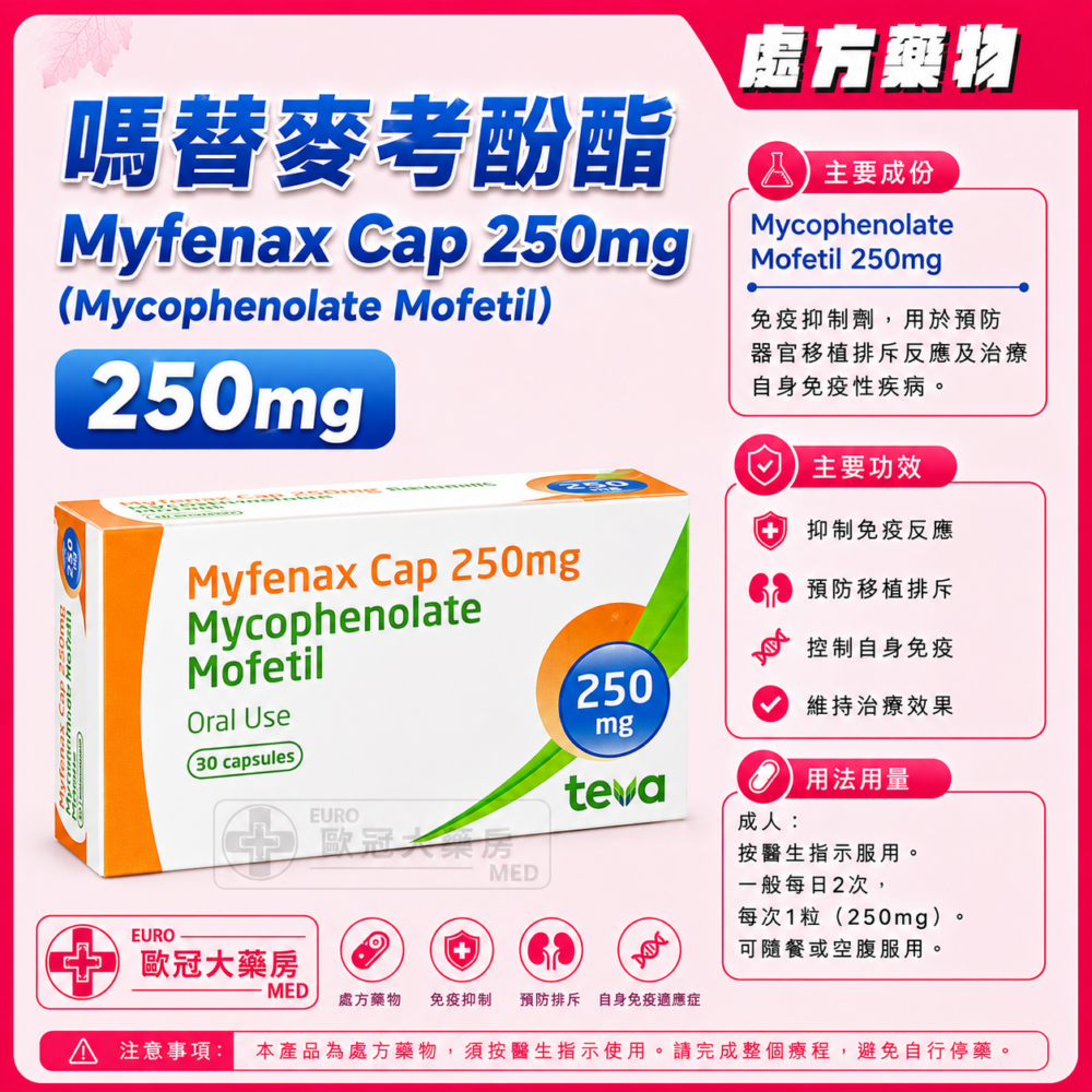 嗎替麥考酚酯 Myfenax Cap 250mg (Mycophenolate Mofetil) 30's (HK-58339) 嗎替麥考酚酯 Myfenax Cap 250mg (Mycophenolate Mofetil) 30's (HK-58339)