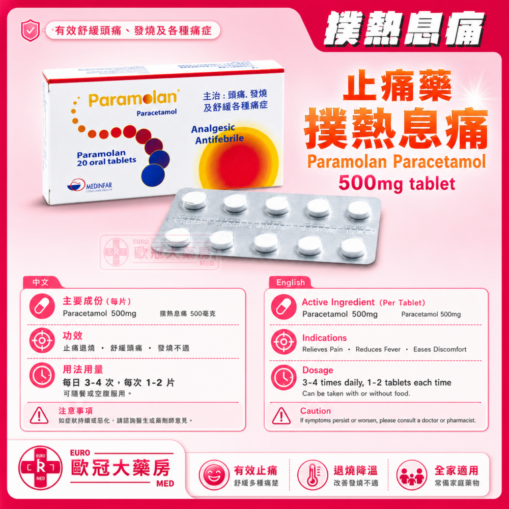 止痛藥 撲熱息痛 Paramolan Paracetamol 500mg tablet (HK-61939)