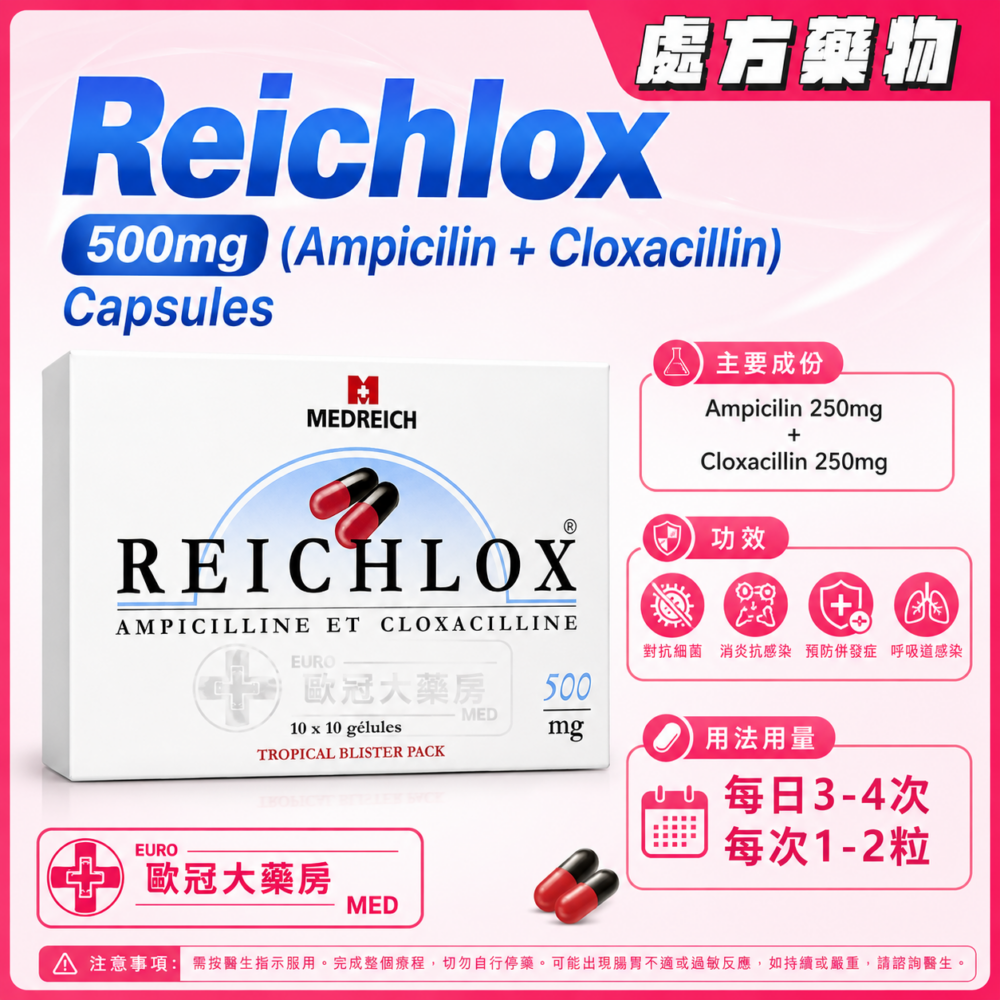 Reichlox 500mg (Ampicilin + Cloxacillin) Capsules (HK-53085) Reichlox 500mg (Ampicilin + Cloxacillin) Capsules (HK-53085)