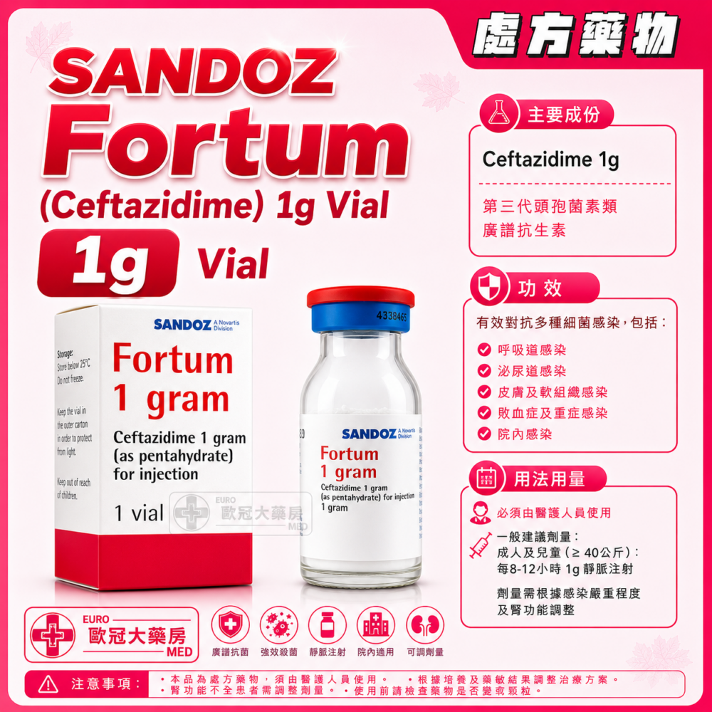 SANDOZ Fortum (Ceftazidime) 1g Vial (Powder For Injection/Infusion) 1's (HK-21251) SANDOZ Fortum (Ceftazidime) 1g Vial (Powder For Injection/Infusion) 1's (HK-21251)