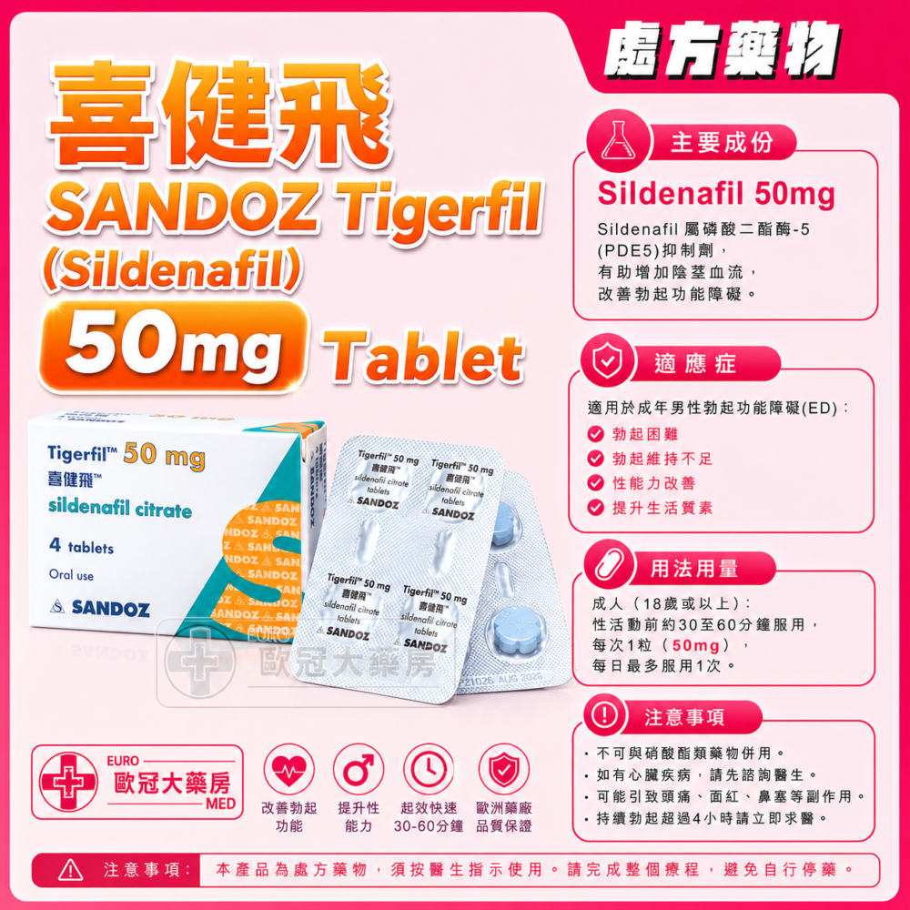喜健飛 SANDOZ Tigerfil (Sildenafil) 50mg Tablet 4's (HK-60603)