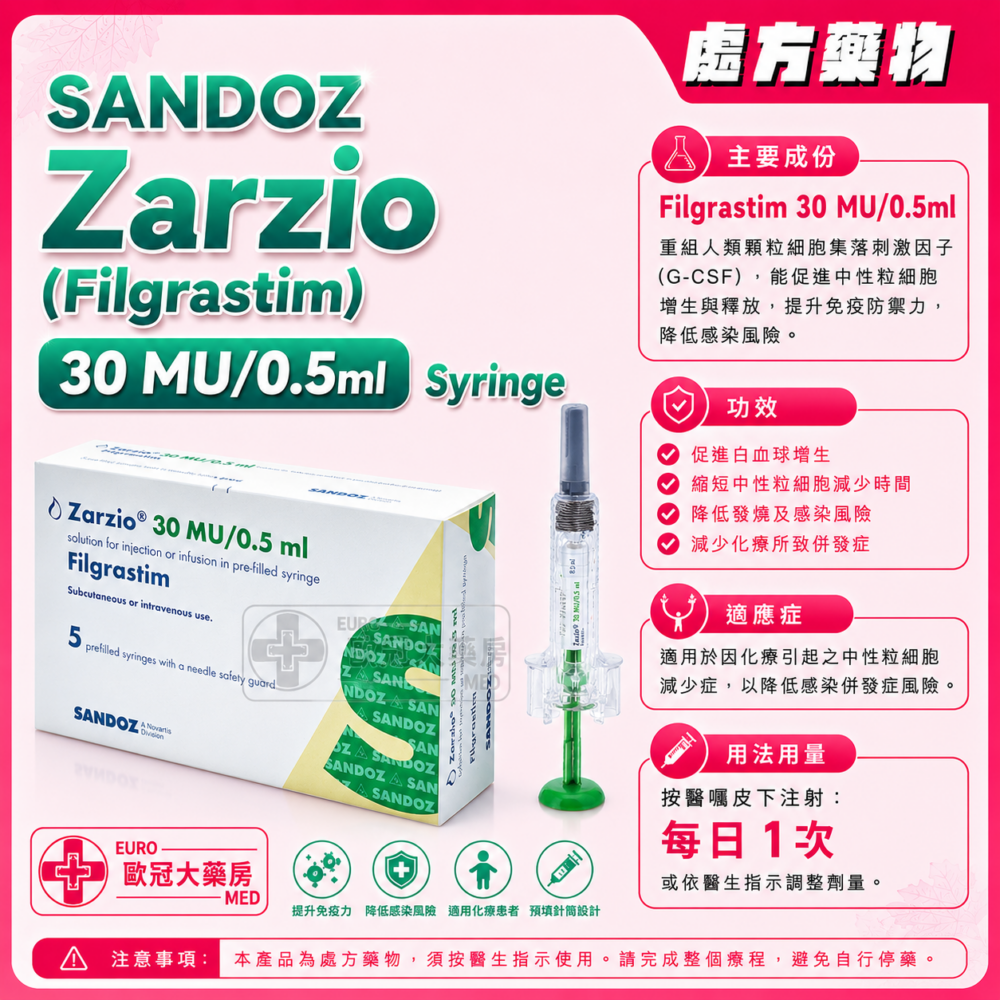 SANDOZ Zarzio (Filgrastim) 30 MU/0.5ml Pre-Filled Syringe 0.5ml x 5's (HK-62169) SANDOZ Zarzio (Filgrastim) 30 MU/0.5ml Pre-Filled Syringe 0.5ml x 5's (HK-62169)