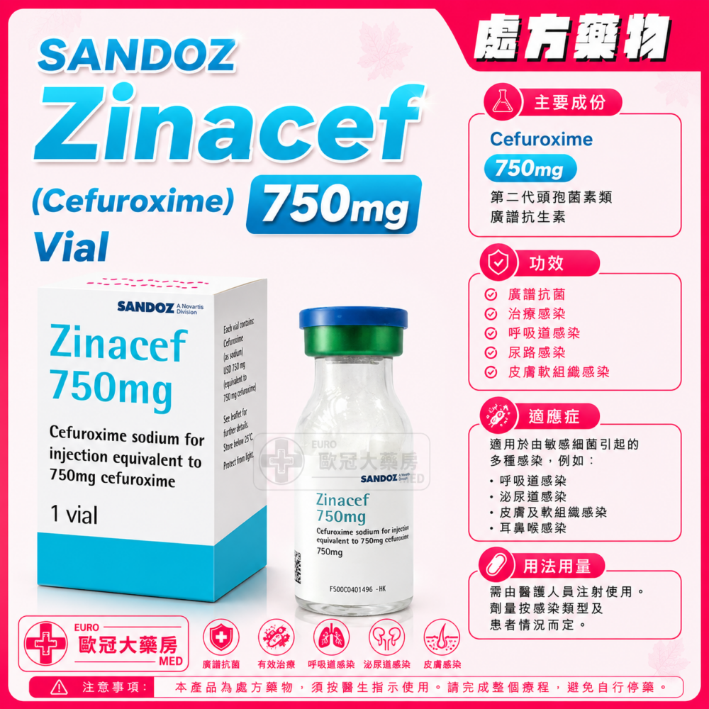 SANDOZ Zinacef (Cefuroxime) 750mg Vial (Powder For Injection/Infusion) 50's (HK-07014)