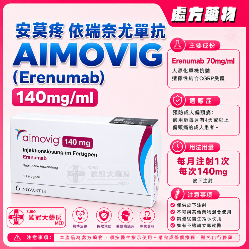 安莫疼 依瑞奈尤單抗 AIMOVIG (Erenumab) 140mg/ml Solution for Injection in Pre-filled Pen 1's (HK-66847)