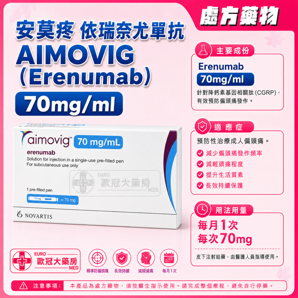安莫疼 依瑞奈尤單抗 AIMOVIG (Erenumab) 70mg/ml Solution for Injection in Pre-filled Pen 1's (HK-66406)