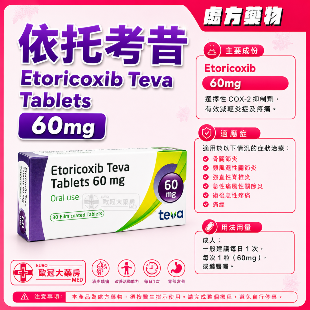 依托考昔 Etoricoxib Teva Tablets 60mg 30's (HK-66583)