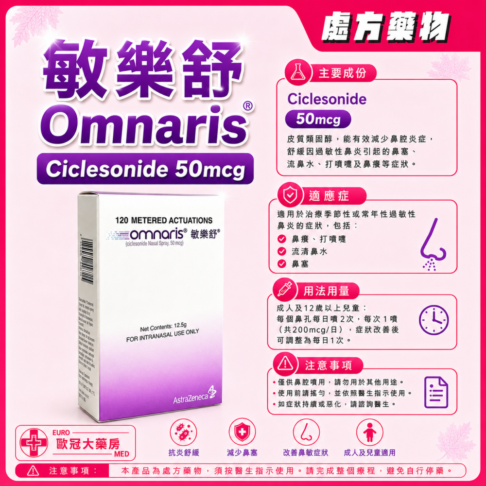 敏樂舒 Omnaris (Ciclesonide) 50mcg Nasal Spray (HK-59322) 敏樂舒 Omnaris (Ciclesonide) 50mcg Nasal Spray (HK-59322)