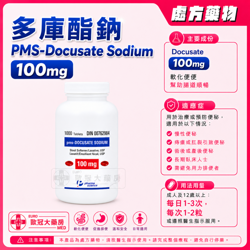 多庫酯鈉 PMS-Docusate Sodium 100mg Capsule 1000's (HK-39379)