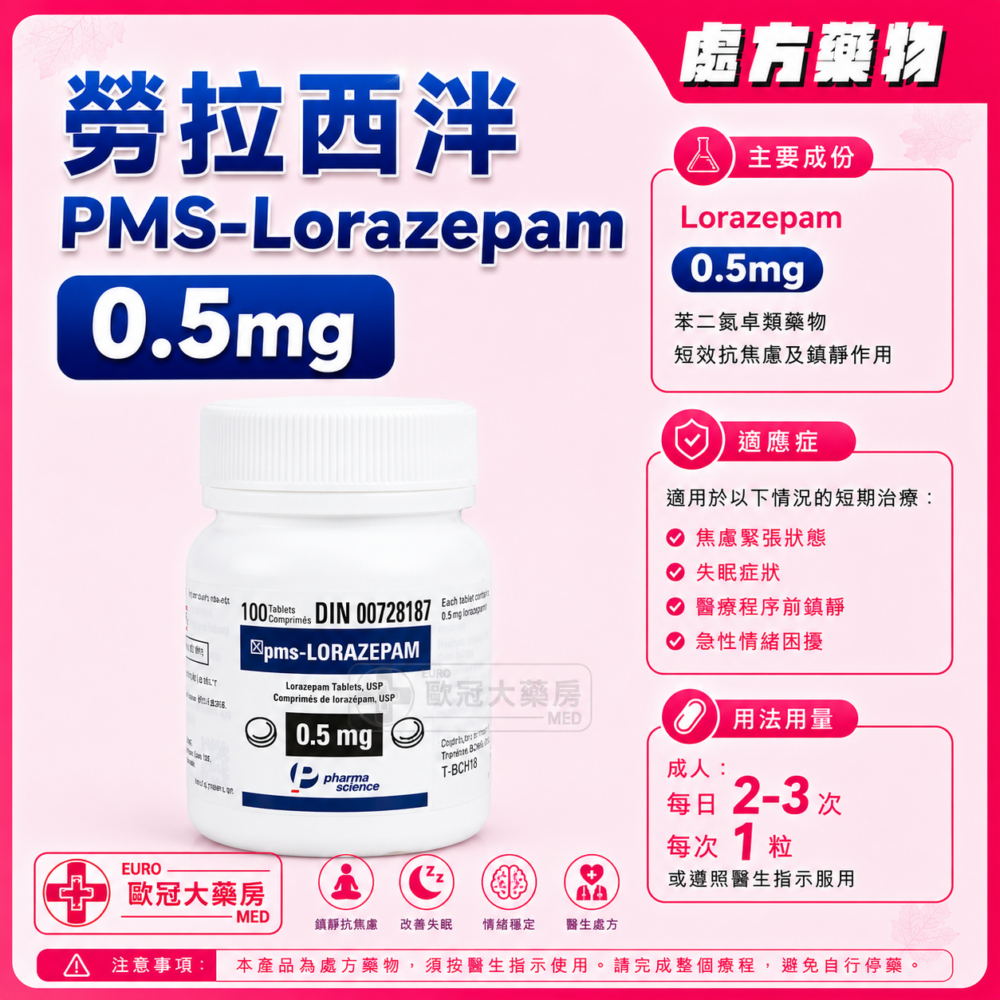 勞拉西泮 PMS-Lorazepam 0.5mg Tablet 100's (HK-63368)