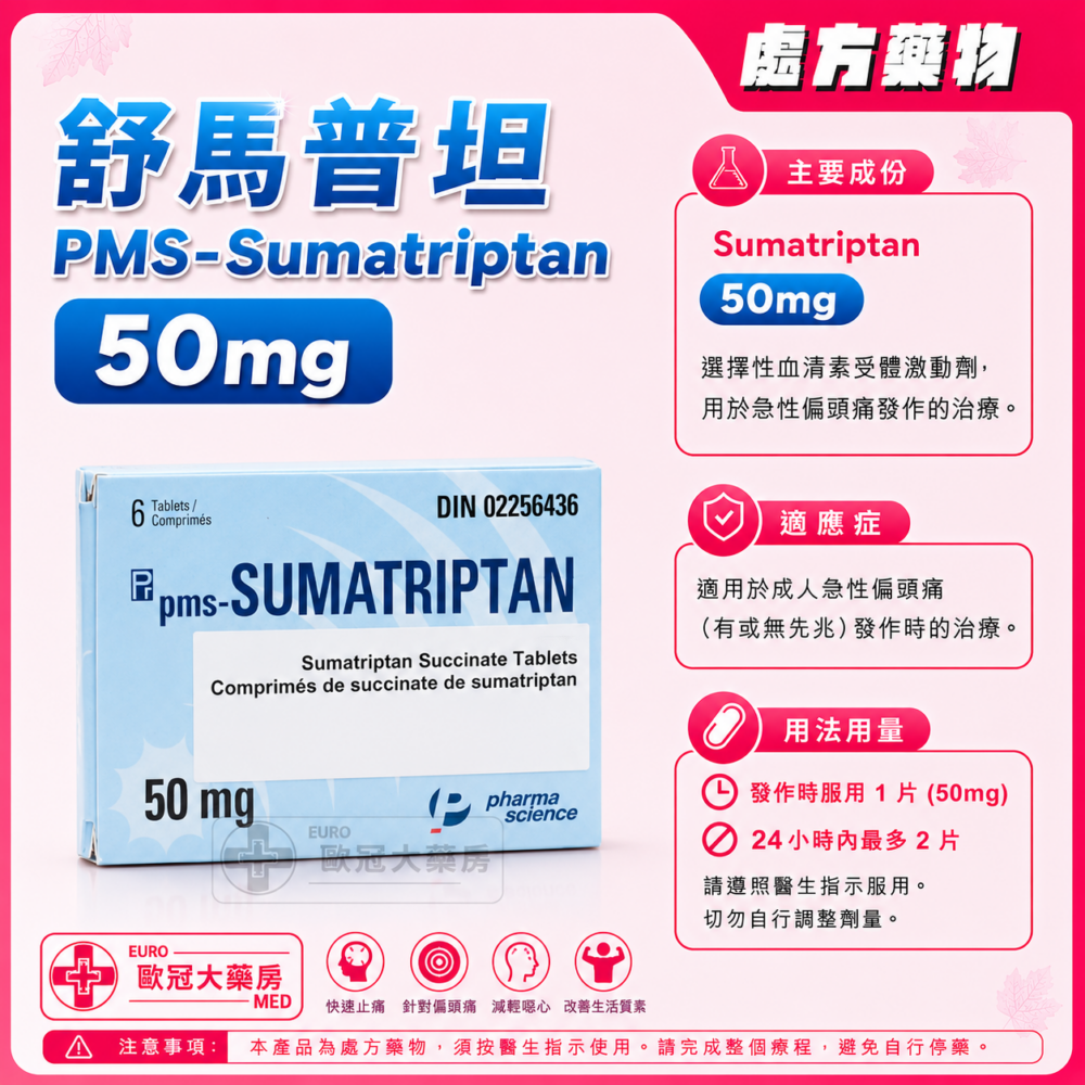 舒馬普坦 PMS-Sumatriptan 50mg Tablet 1x6's (HK-54733)