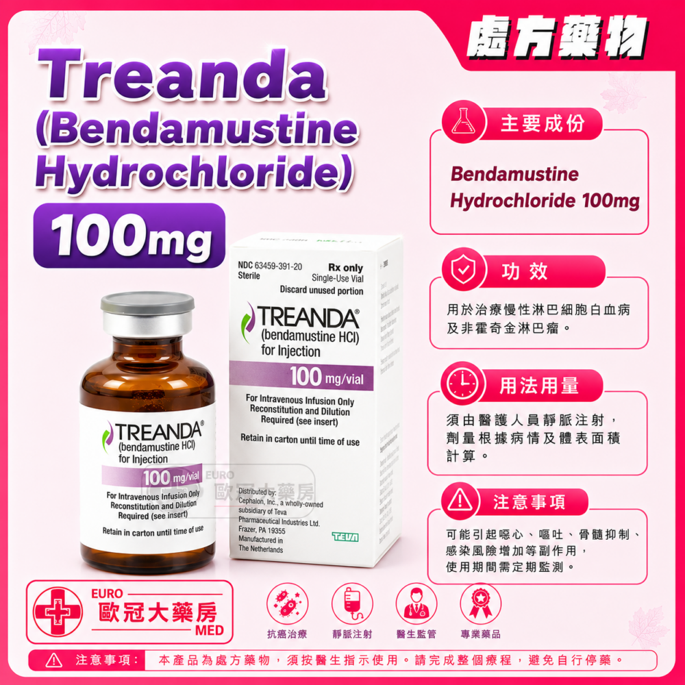 苯达莫司汀 Treanda (Bendamustine Hydrochloride) For Inj. 100mg 1's (HK-59067) 苯达莫司汀 Treanda (Bendamustine Hydrochloride) For Inj. 100mg 1's (HK-59067)