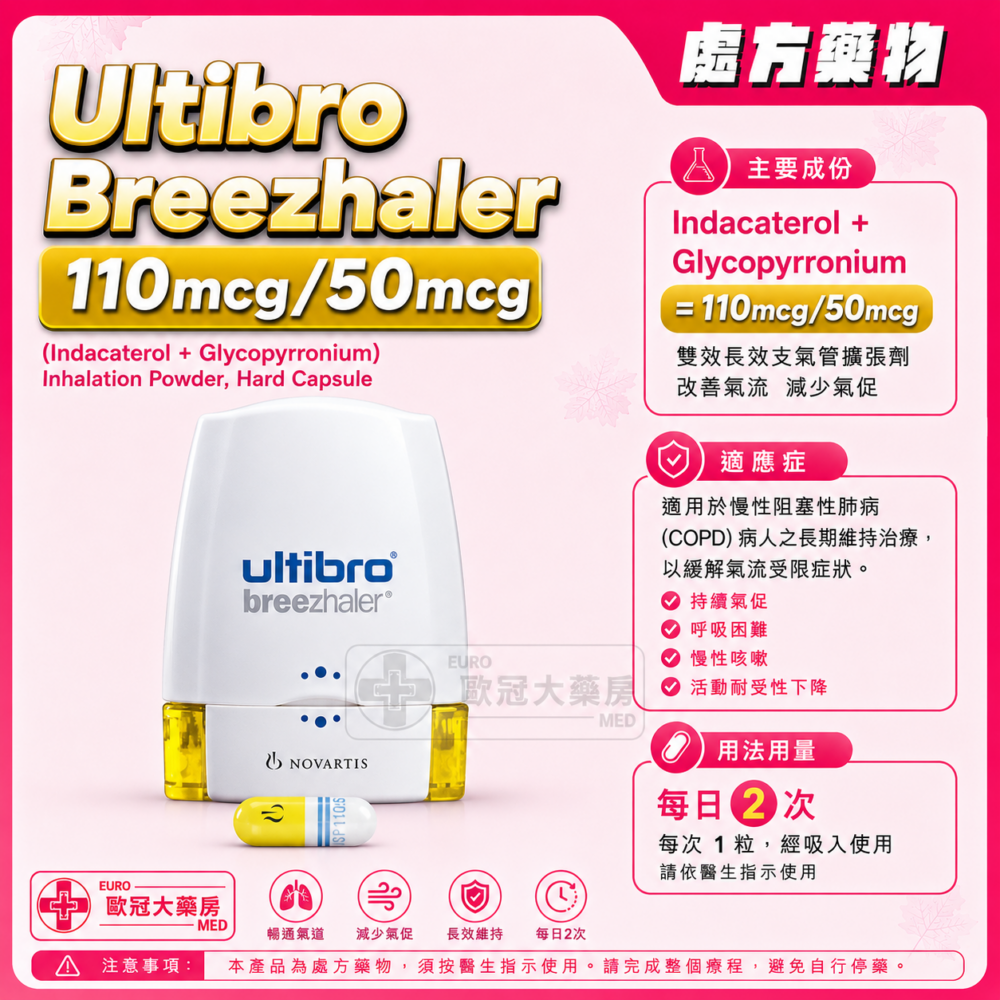 Ultibro Breezhaler 110mcg/50mcg (Glycopyrronium + Indacaterol) Inhalation Powder Hard Capsules (HK-66270)