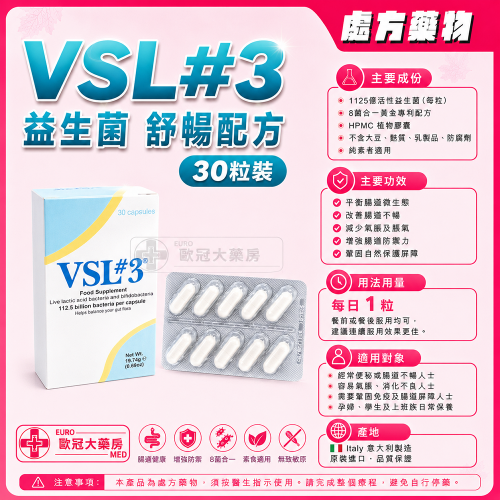 VSL#3 Food Supplement Capsule 1125億醫用級益生菌 舒暢配方 膠囊專業版 30粒裝