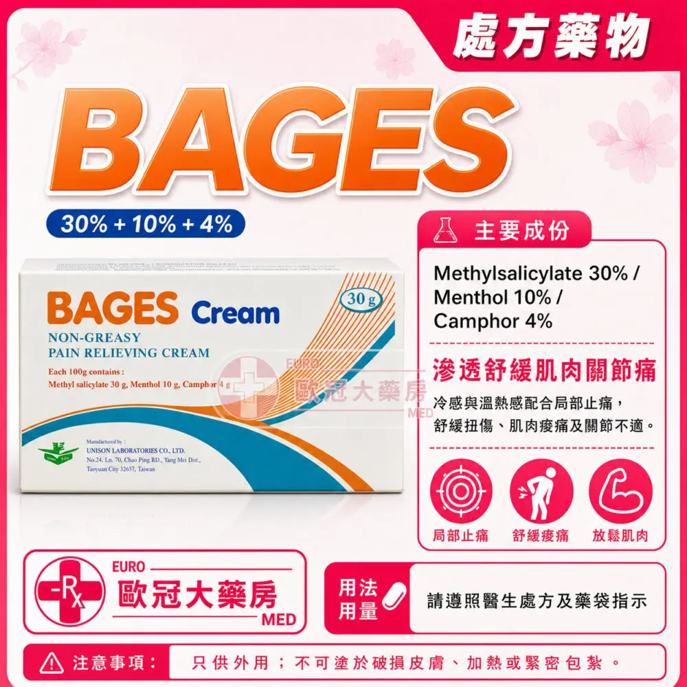 BAGES (Methylsalicylate / Menthol / Camphor) 30%/10%/4% Cream 30g (HK-54357) BAGES (Methylsalicylate / Menthol / Camphor) 30%/10%/4% Cream 30g (HK-54357)