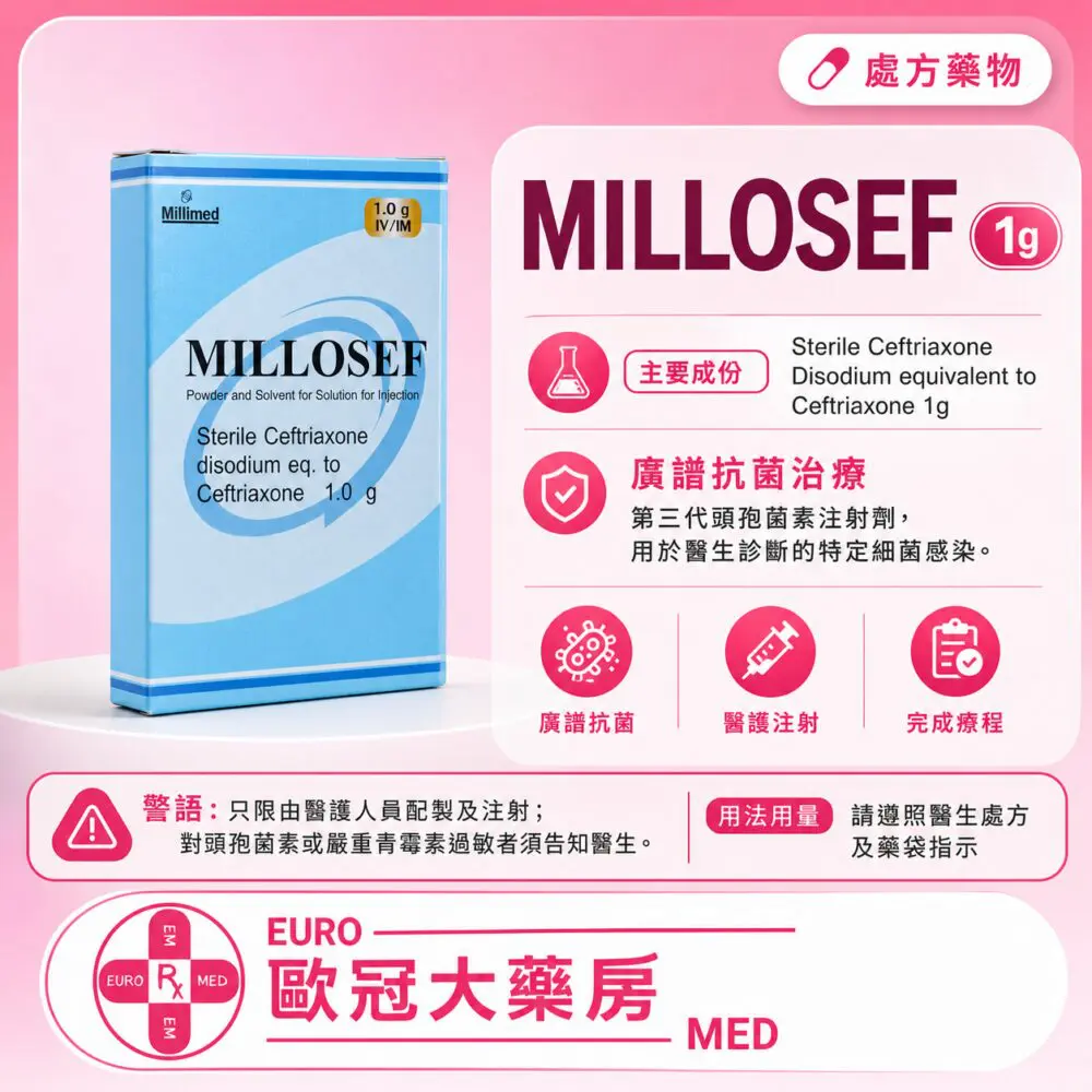 Millosef (Ceftriaxone) 1g Powder and Solvent for Injection (HK-61566) Millosef (Ceftriaxone) 1g Powder and Solvent for Injection (HK-61566)