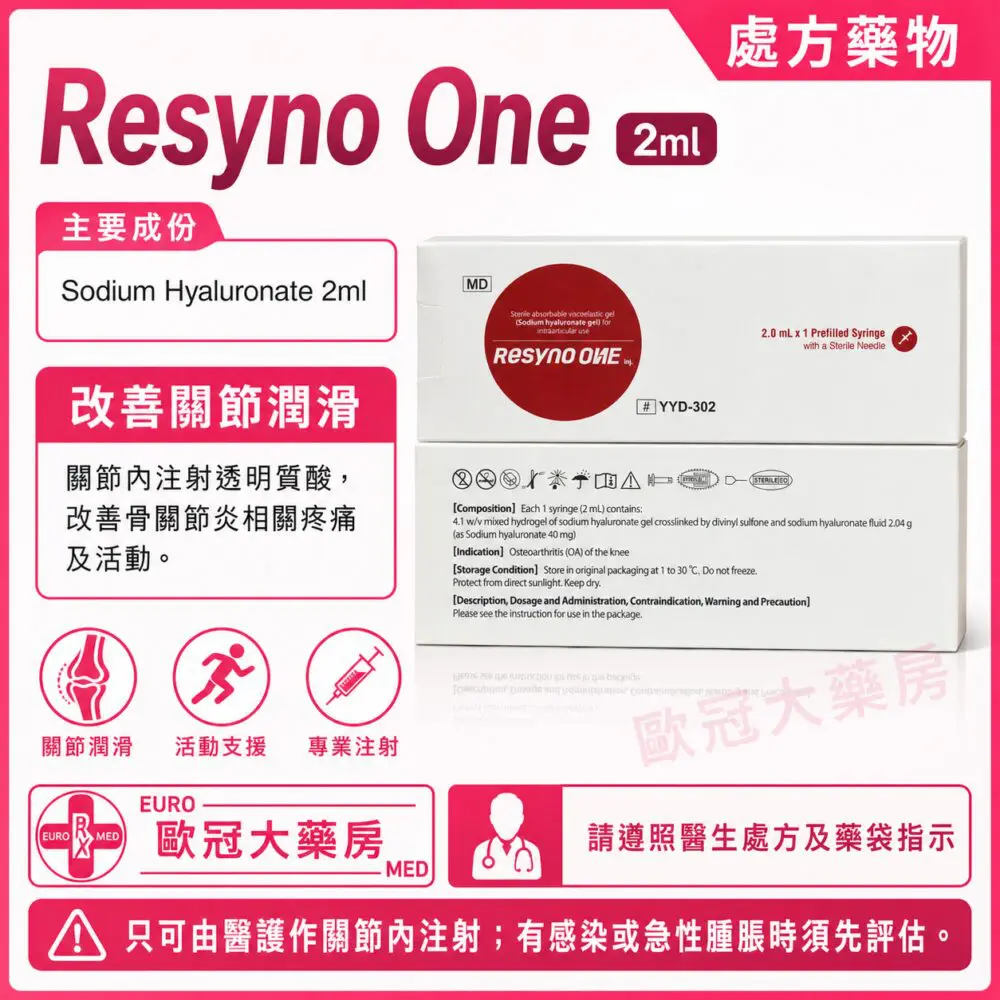 Resyno One (Sodium Hyaluronate) 2ml Injection 1 PFS (HK-58673) Resyno One (Sodium Hyaluronate) 2ml Injection 1 PFS (HK-58673)