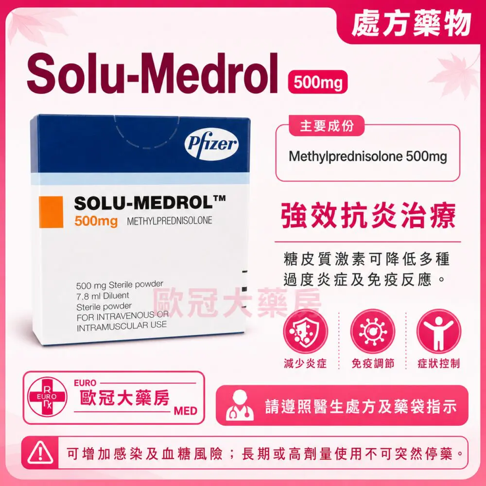 Solu-Medrol (Methylprednisolone) 500mg Injection 1 Vial (HK-00456)