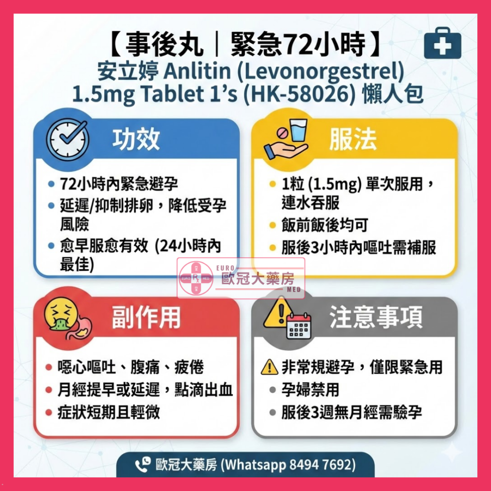 【事後丸┃緊急72小時】安立婷 Anlitin (levonorgestrel) 1.5mg Tablet 1's (HK-58026)